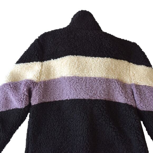 Love Tree Sherpa Colorblock Long Coat – Black/Purple/Cream (Small) - Picture 5 of 5